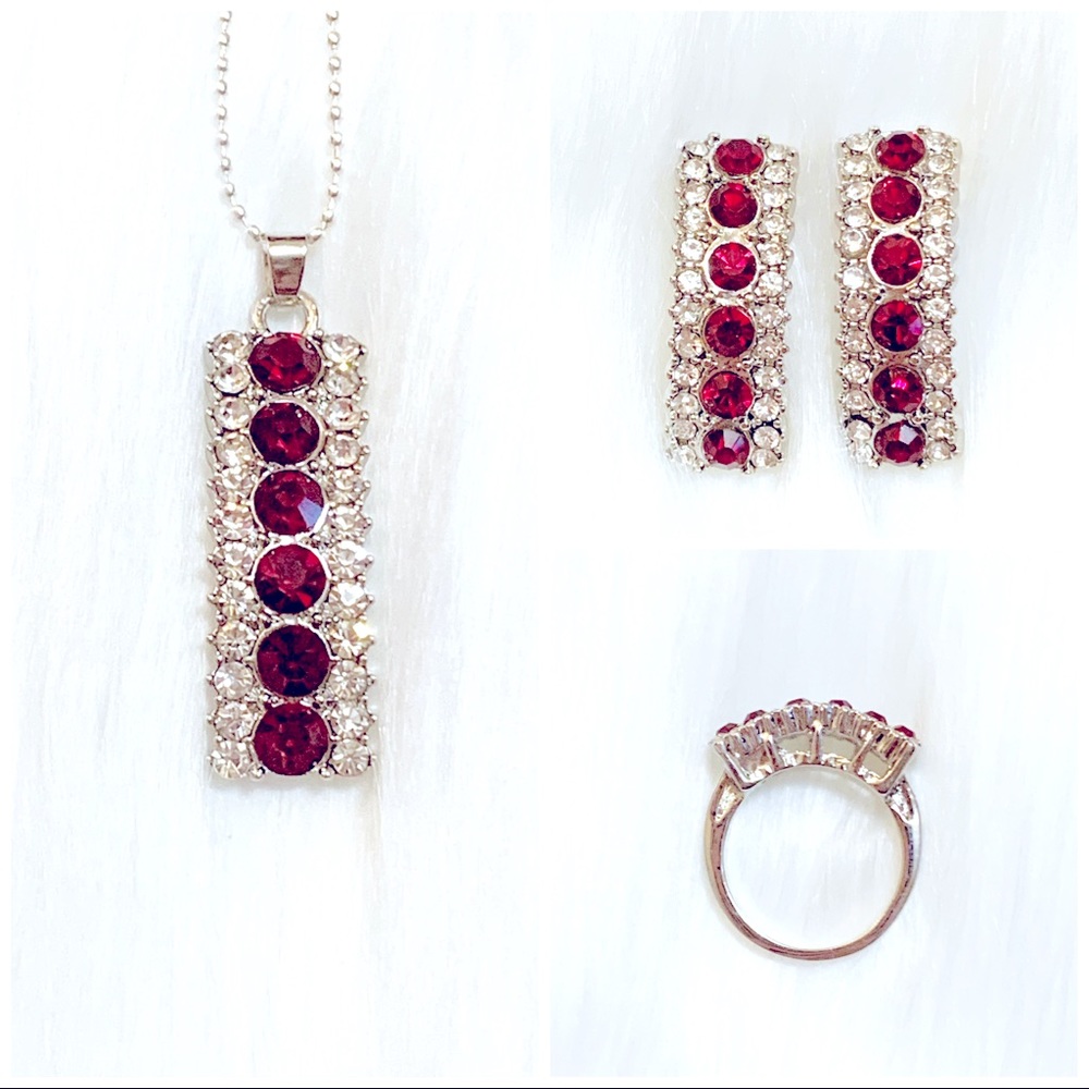 Garnet And White Rhinestone Silver Jewelry Set